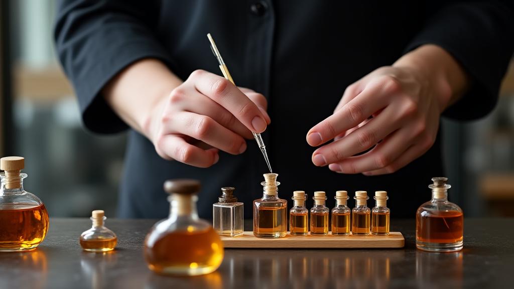 Un 'nez' travaillant sur un orgue à parfums avec des fioles et pipettes